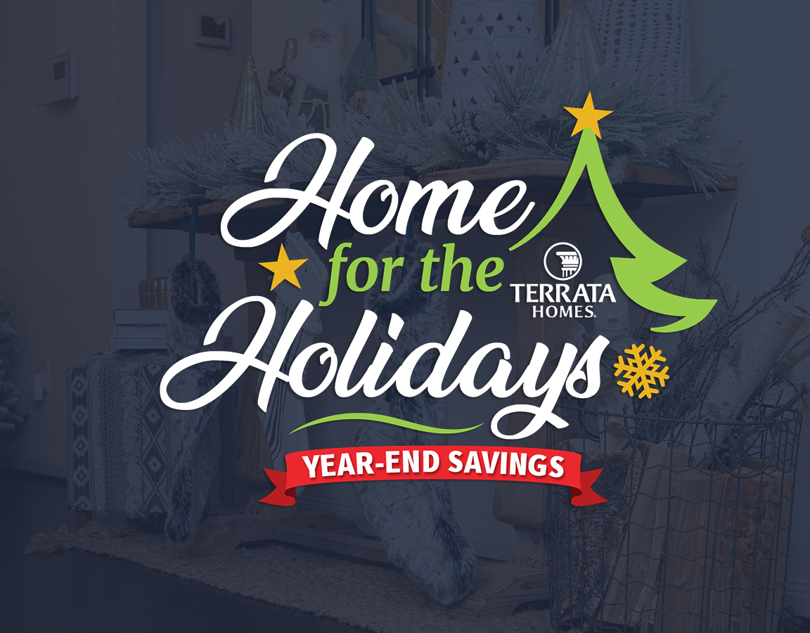 Home for the holidays logo overlaid on image of a festive front entryway
